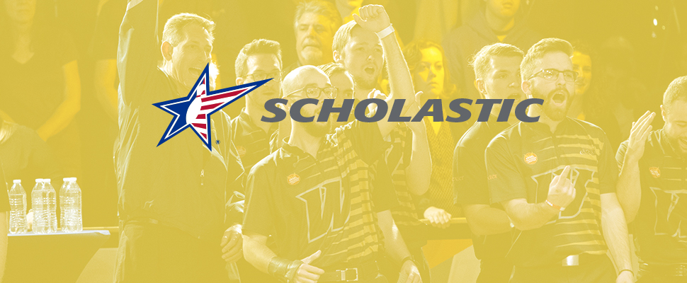 IBC Youth Scholastic logo with collegiate bowling team celebrating in background